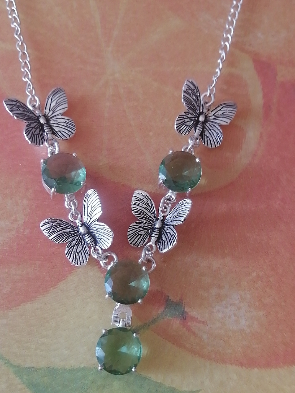 Gorgeous Butterfly With Green Crystals Necklace 16" Long